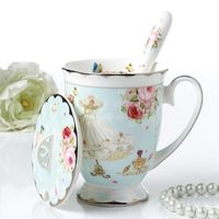 Wholesale Mugs Europe Bone China Coffee Cup With Lid Spoon Set Luxury Ceramic Mug Top Grade Vintage Porcelain Cafe Party Drinkware