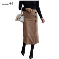 Wholesale AEL Retro Female Hight Waist Asymmetry Woolen Midi Skirt Wrap New Plaid Women Clothing Vintage Fashion Jupe Longue Femme Slim