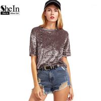 Wholesale SheIn T shirt Women Summer Womens Tops Coffee Short Sleeve Crushed Velvet T shirt Casual Womens Tee Shirts1