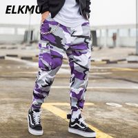 Wholesale Men s Pants ELKMU Military Camouflage Cargo Men Joggers Streetwear Pencil Pant Hip Hop Camo Tactical Trousers Purple Iron Chain HE192