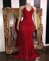 Wholesale 2021 Sparkly Red Sequins Prom Dresses Halter Mermaid Long Evening Prom Gowns Low Back Arabic Party Dress
