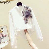 Wholesale Neploe D Flower Women Shirts Female Long Sleeve V Neck White Pink Tops Blusa Lady Korean Spring Work Wear Blouses Y200828