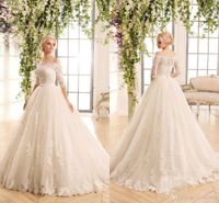 Wholesale 2021 Middle East Naviblue Off Shoulders Wedding Dresses Romatic Button Back Half Sleeves Lace Appliques A line Novia Bridal Gowns with Belt