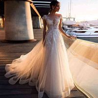 Wholesale Boho Beach Wedding Dress O Neck Lace Appliques Top Vintage Princess Wedding Gown Cap Sleeve Simple Bride Dress Vestido De Novia H0105