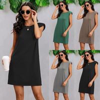 Wholesale Casual Dresses Women Sleeveless Solid Color Round Collar Loose Style One piece Black Green Grey Khaki Summer