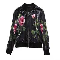 Wholesale European and American women s wear spring new Long sleeve round neck rose print zipper short jacket