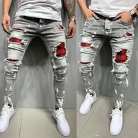 Wholesale Mens Ripped Printed Patch Pants Mens Slim Jeans Personalized Patch Stretch Jeans