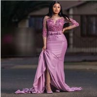 Wholesale New Light Lavender Mermaid Long Sleeves Formal Evening Dress Sheer Lace Women prom Guest Party Gowns
