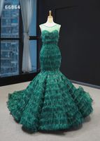 Wholesale Dubai Green Mermaid Tiered Wedding Dresses Sleeveless Beading Formal Dress Design Illusion Neck Robe De Mariee Custom Made