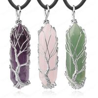 Wholesale Natural Crystal Stone Pendant Necklace Point Hexagonal Prism Silver Color Copper Life Tree Wire Wrap Women Men Jewelry