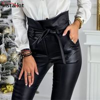 Wholesale InstaHot Gold Black Belt High Waist Pencil Pant Women Faux Leather PU Sashes Long Trousers Casual Sexy Exclusive Design Fashion