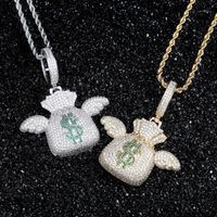 Wholesale Pendant Necklaces Hip Hop Iced Out CZ Stone Bling US Dollar Money Bag Flying Purse Pendants Necklace For Men Rapper Jewelry Gold Color1