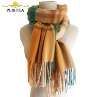 Wholesale Direct sale Yellow Plaid Winter Scarf Shawl Women Wool Blends Poncho Wrap Female Tippet Stole Ladies Colorful Scarves Pashmina
