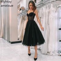 Wholesale 2020 New Black Prom Dress Spaghetti Strap Polka Dot Tulle Tea Length Formal Party Gowns Short Vestido De Festa Dress Elegant