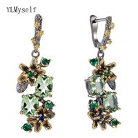 Wholesale Beautiful Dangle Earrings Light Oval Green Cubic Zirconia Stones Flower Leaf Jewellery Black Gold color Jewelry Drop earring