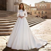 Wholesale Verngo A line Wedding Dress Ivory Satin Wedding Gowns Elegant Long Sleeve Bride Dress Abito Da Sposa T200525