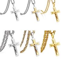Wholesale Pendant Necklaces Strong Stainless Steel Jesus Christ Cross Necklace Byzantine mm Link Chain Gold Silver Color Men Boys Gift1
