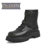 Wholesale Boots MLJUESE Women ANKLE Cow Leather Winter Short Plush Round Toe Zipper Buckle Strap Med Heels Female Riding Boot Size