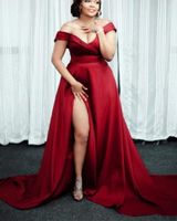 Wholesale Dark Red Plus Size Evening Dresses New Hot Selling Custom A Line Satin Sexy High Split Off the shoulder Formal Prom Party Gowns E052