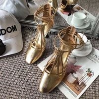 Wholesale Fashion Women Shoes Laminated Lambskin Gold Sandals Square Head Ankle Wrap Buckle Strap High Heels Summer Baotou sandals Woman
