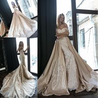 Wholesale New Arrival Stunning Champagne Mermaid Wedding Dresses with Detachable Satin Train Off the Shoulder Full Lace Wedding Gowns Vestido De Novia