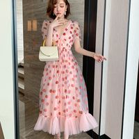 Wholesale Summer Runway Hot Drill Strawberry Dress Women Sweet Long Flare Sleeve V Neck Empire Lace up Sheer Mesh Holiday Pink Lady Dress Y0118