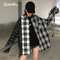 Wholesale Qooth Women s Loose Plaid Blouse Spring Long Sleeve Student Check Blouses Casual Vintage Lady Tops Shirt Black Tops QH2220