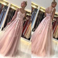 Wholesale Charming Lace Appliques Prom Dress Spaghetti Strap Sleeveless Open Back Corset Blush Pink Tulle Evening Gowns