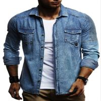Wholesale Mens Denim Shirt Men Long Sleeve Classic Casual Cowboy Shirts Male Brand Light Blue Slim Slight Elastic Dress M XL