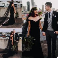 Wholesale 2021 Gothic Black Satin Mermaid Wedding Dresses With Veil Off the Shoulder Backless Bridal Gowns Sweep Train Country Boho Marriage AL8686