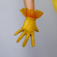 Wholesale Women PU Leather Gloves cm Transparent PVC Plastic Wave Folds Lace Short Faux Leather Ginger Yellow Female Gloves WPU2951