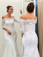 Wholesale Mermaid Lace Wedding Dresses Off The Shoulder Half Sleeves Sweep Train Bridal Gowns