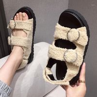 Wholesale Sandals Spring Women Shoes Causal Fur Slides Platform Heel Ladies Slippers Hook Fashion Furry Female Flats