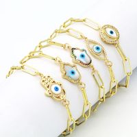 Wholesale Real Gold Plated CZ Fatima Hand Evil Eye Charm Copper Chain Bracelet Jewelry for Man Woman