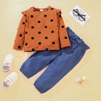 Wholesale Kids Clithing Sets Dot Top Bow Denim Trousers Outfits Spring Children Clothes Boutique T Little Girls Long Sleeves PC Suit