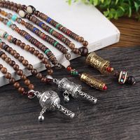 Wholesale Pendant Necklaces WEIYU Tibet Prayer Wheel Charms Necklace Buddhist Mala Wood Beads Vintage Mantra Long Sweater