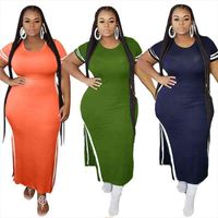 Wholesale Casual Dress Women Plus Size L xl Clothing Short Sleeve Striped Side Bodycon Stretch Maxi Dresses Woman Dropshipping