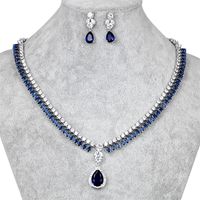 Wholesale Elegant Blue Green Red Clear Halo Teardrop Cubic Zirconia Necklace and Earring Bridal Jewelry Set