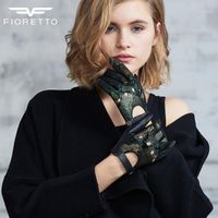Wholesale Five Fingers Gloves FIORETTO Womens Touchscreen Black Leather Green Printing Gothic Patchwork Unlined Driving For Driver Motorbiker1