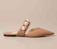 Wholesale Designer Women Nice Sandals Slippers Summer Basette Pearls Studs Strap Point toe Slide Flats Nude Black Ladies Casual Party Dress Flip