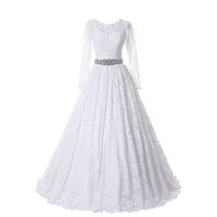 Wholesale Vintage Lace Wedding Dresses with Long Sleeve Pleats vestidos de noiva Lace Up Back Sash Bodice White Weddding Gowns Bride Dress