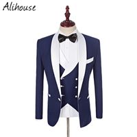Wholesale Men s Suits Blazers Jacket Pants Vest Bow Tie Blue Groom Tuxedos White Lapel Men With Pants Classic Wedding Business Slim Fit Suit