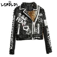 Wholesale LORDXX Black Leopard Leather Jacket Women Autumn Winter Fashion Turn down collar Punk Rock Studded Jackets Ladies coats