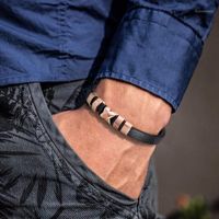 Wholesale Charm Bracelets Gents Black Leather Bracelet With Rose Gold Stainless Steel Brazalet Boyfriend Husband Gift Idea Brazalete Male Jewelry1