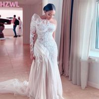Wholesale Retro Lace One Shoulder Mermaid Wedding Dresses Saudi Arabia Illusion Long Sleeve Tulle Sweep Train Bridal Gowns Spring