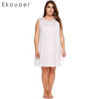 Wholesale Ekouaer Women Plus Size Sleepwear V Neck Sleeveless Solid Above Knee Loose Fit Nightgown Night Dress Female Nightwear XL XL1
