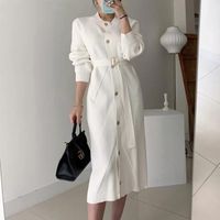 Wholesale Elegant O neck Single breasted Women Solid Sweater Dress OL Style Long Sleeve Belted Knitted Mid length Dress Female