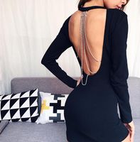 Wholesale 2021 FZ61 Fashion New European and American Strapless V neck Backless Chain Slimming Hip hugging Dress Long sleeved Dress D2881