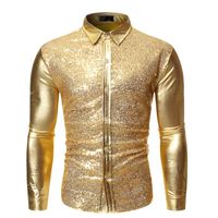 Wholesale Shiny Gold Patchwork Sequins Shirt Men Brand Slim Fit Long Sleeve Mens Dress Shirts DJ Club Party Stage Prom Chemise Homme