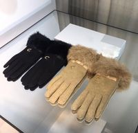 Wholesale Winter real leather fur women designer gloves fashion black thick warm gloves for women high quality vintage women gloves with designer box